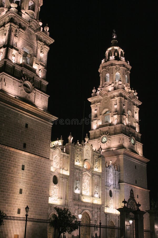 Night View of the Cathedral of Morelia in Michoacan, Mexico XV Stock
