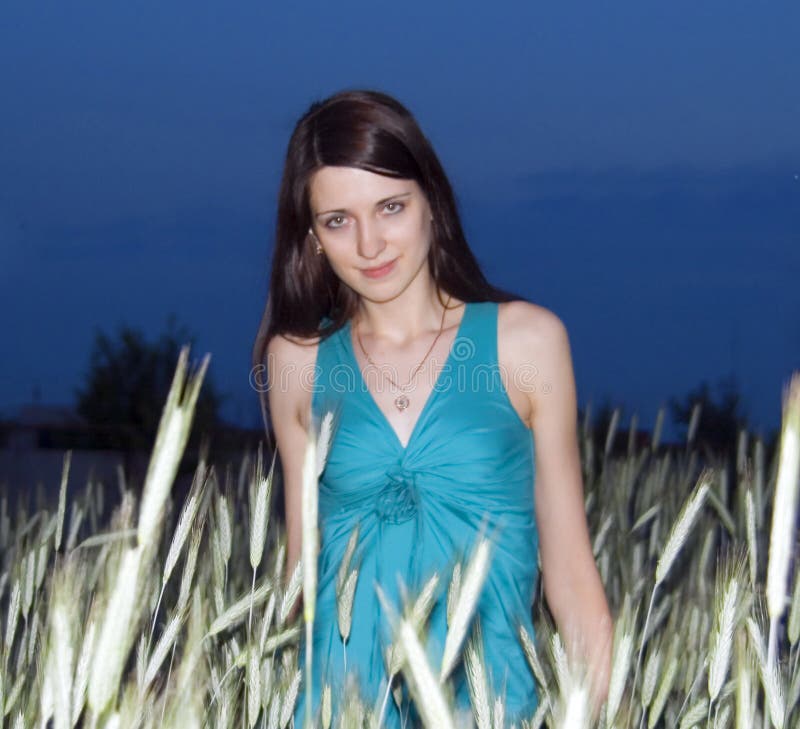 Morena bonita no campo de trigo dourado imagem de stock Morena bonita no campo de trigo dourado imagem de stock