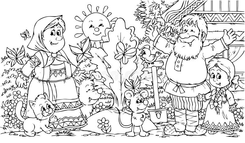 Black-and-white illustration (coloring page): grandfather, grandmother and granddaughter with their domestic animals. Black-and-white illustration (coloring page): grandfather, grandmother and granddaughter with their domestic animals