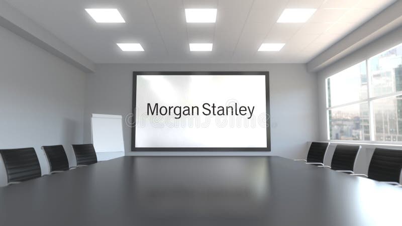 Morgan Stanley Inc. logo on the screen in a meeting room. Editorial 3D. Morgan Stanley Inc. logo on the screen in a meeting room. Editorial 3D