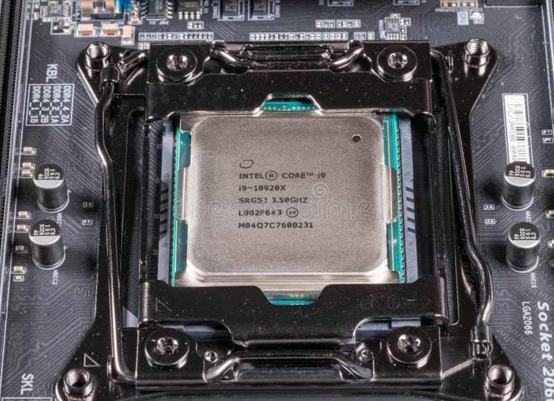 Morgantown, WV - 30 March 2020: Intel Core i9-10920x CPU chip installed in socket 2066 on motherboard.