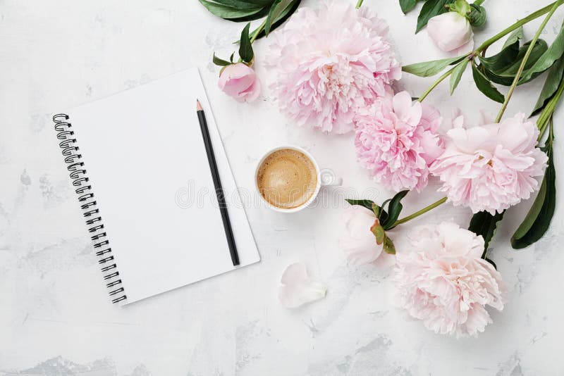 Morning coffee mug for breakfast, empty notebook, pencil and pink peony flowers on white stone table top view in flat lay style. Woman working desk. Morning coffee mug for breakfast, empty notebook, pencil and pink peony flowers on white stone table top view in flat lay style. Woman working desk.