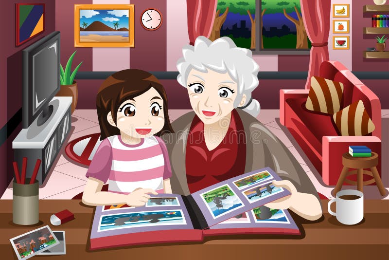 Mormor och sondotter som ser bildalbumet vektor illustrationer Mormor och sondotter som ser bildalbumet vektor illustrationer