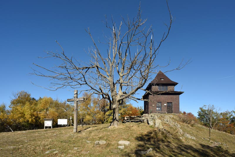 The morning autumnal view on the summit of the tallest mountain Sitno situated in Stiavnica mountains - Slovakia. The morning autumnal view on the summit of the tallest mountain Sitno situated in Stiavnica mountains - Slovakia