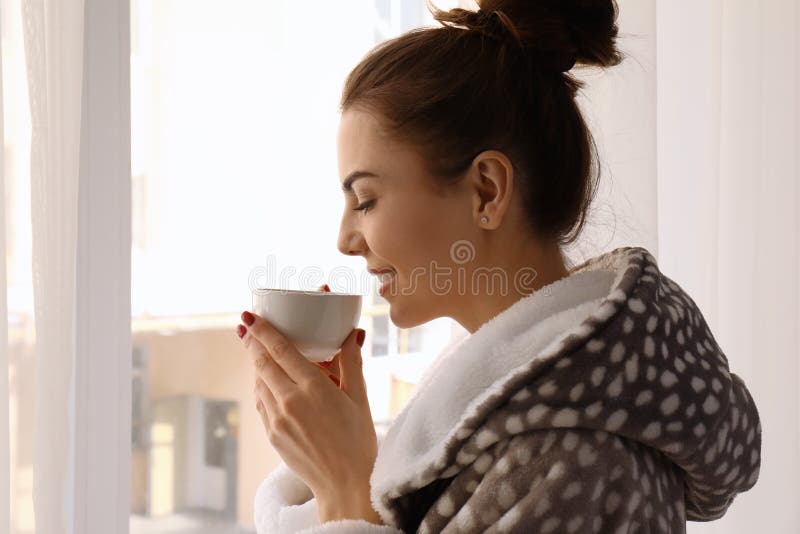 Morning of Beautiful Young Woman Drinking Coffee at Home Stock Photo ...