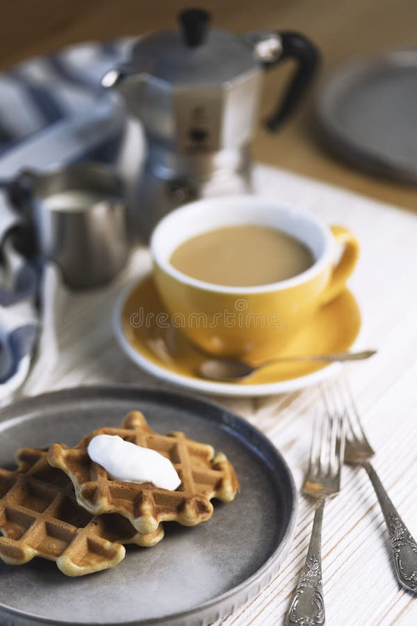 Morning Breakfast with Belgian Waffles Stock Photo Image of bakery