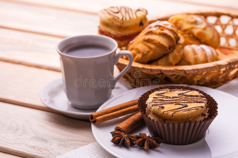 Morning breakfast. coffee and fresh pastries royalty free stock photos Morning breakfast. coffee and fresh pastries royalty free stock photos
