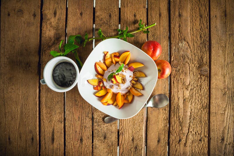 Morning Breakfast with Fruit and Yogurt Stock Photo - Image of morning
