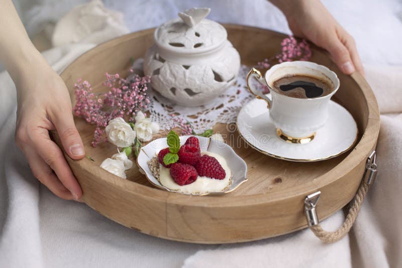 Morning Coffee and Flowers. Romantic Breakfast in Bed. a Wooden Tray in ...