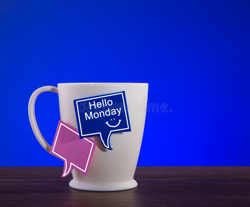 Morning Coffee. Hello Monday greetings concept with cute smiling face sign