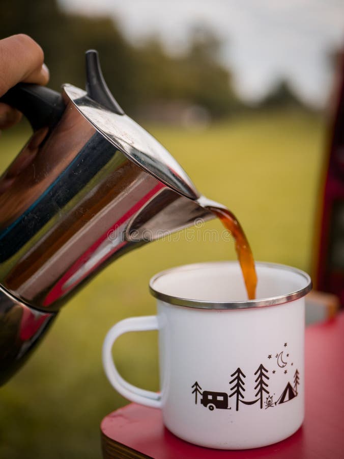 Morning Coffee from a Moka Pot into a Tin Cup in Nature Stock Image