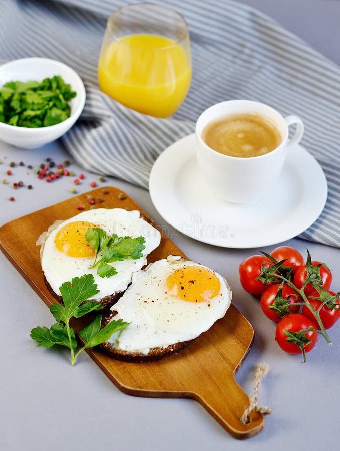 Morning Coffee White Cup Beverage Orange Juice Sandwich with Tasty Fried Egg