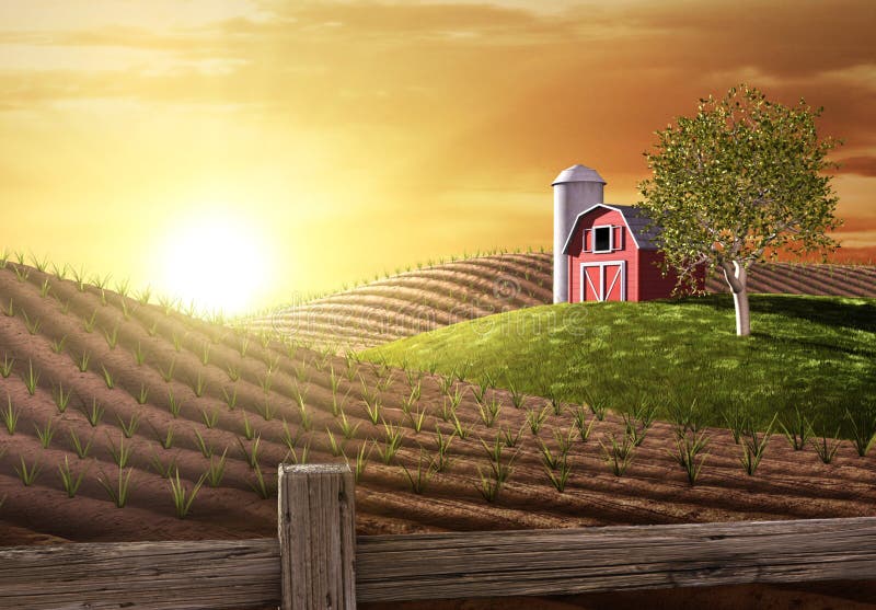 Červená stodoly a traktor na farme s východ slnka nad horizontom.