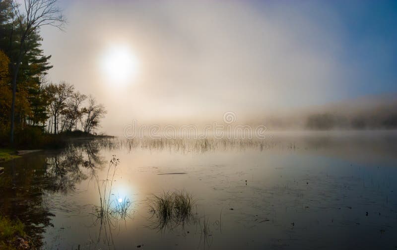 Sunrise through morning fog on the lake.