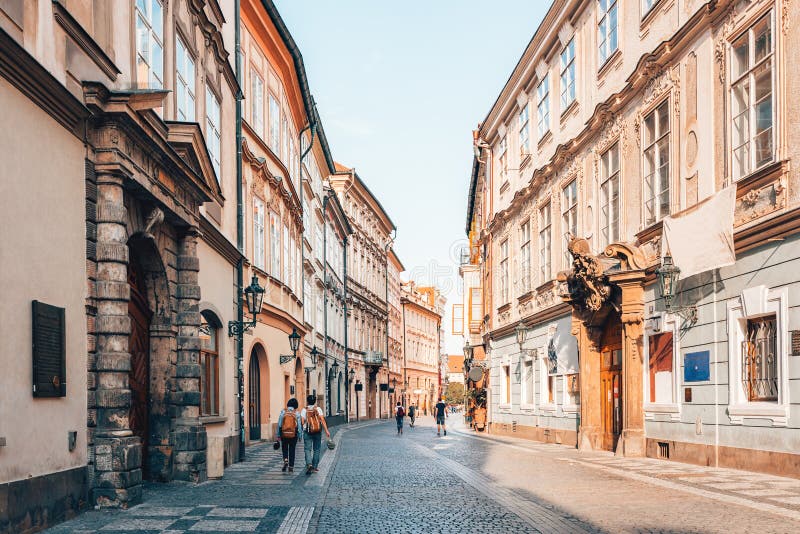 Narrow cobblestone street in old town Prague.