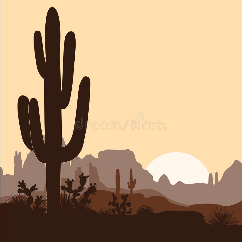 Morning landscape with saguaro cacti, prickly pear, and agaves in mountains. Vector illustration. Cute brown palette