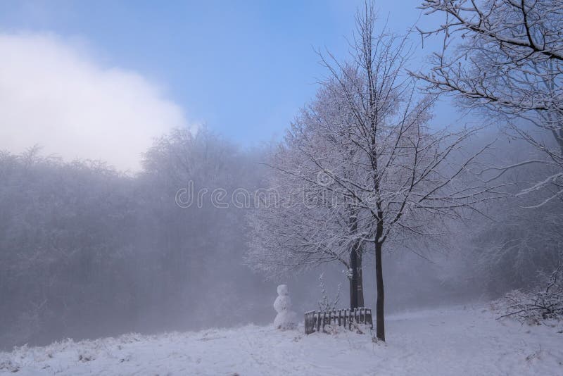 Morning mist over a forest in winter. Hike to hill Velky Inovec in winter.