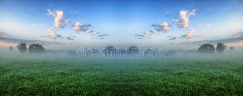 Morning. a misty dawn in a picturesque meadow stock images