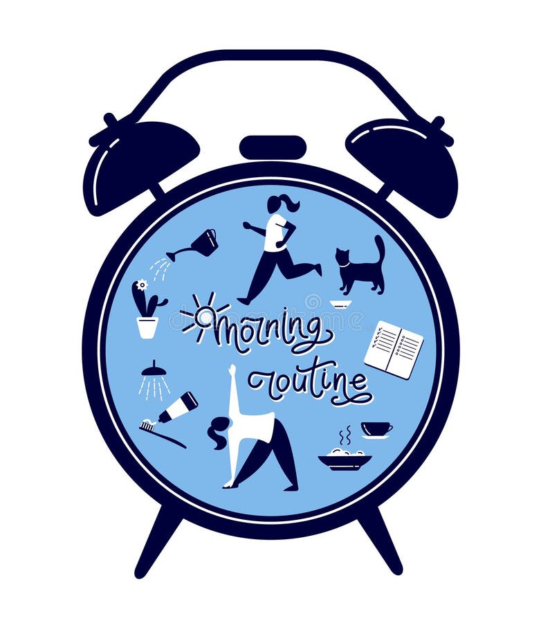 Morning Routine Lettering Composition in Alarm Clock. Stock Vector