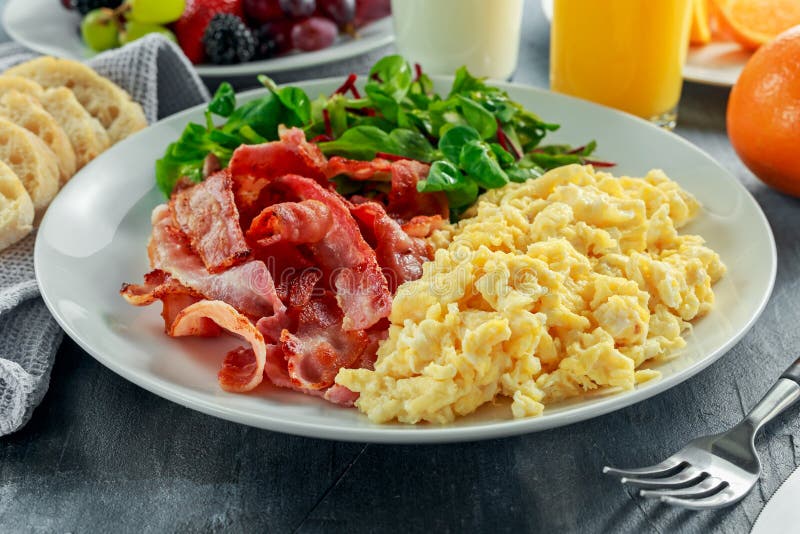 Morning Scrambled Egg, Bacon Breakfast with Orange Juice, Milk, Fruit ...