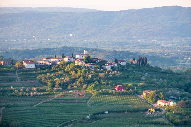 Village Gornje Cerovo in vine region Brda in Slovenia, Europe. Morning on small village Gornje Cerovo in vine region Brda in Slovenia, Europe royalty free stock photo Village Gornje Cerovo in vine region Brda in Slovenia, Europe. Morning on small village Gornje Cerovo in vine region Brda in Slovenia, Europe royalty free stock photo