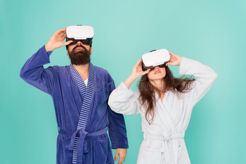 Morning start with future technology. digital couple. innovation in family relations. create your reality. New world of royalty free stock images Morning start with future technology. digital couple. innovation in family relations. create your reality. New world of royalty free stock images