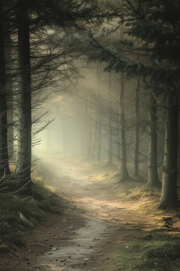 Morning Sun Rays Pierce through the Mist in a Coniferous Forest