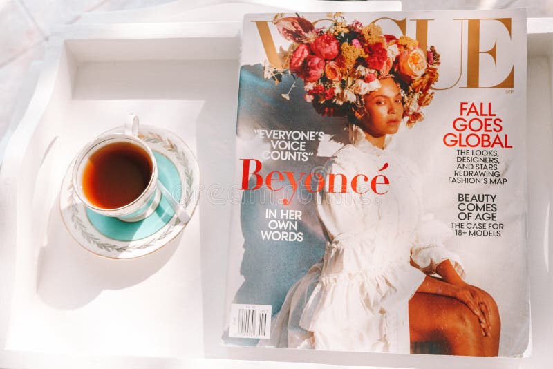 Morning Tea in Vintage Tea Cup with Vogue Magazine Beyonce and White Tray