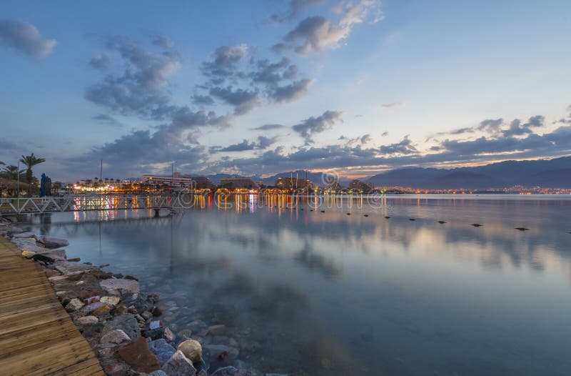 Morning view on the Aqaba gulf and resort hotels of Eilat, Israel