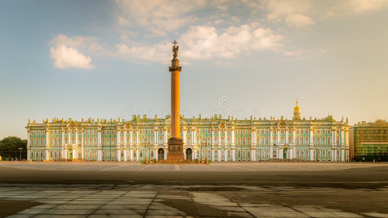 Morning view of the Palace Square, Alexander Column, Winter Palace in St. Petersburg /