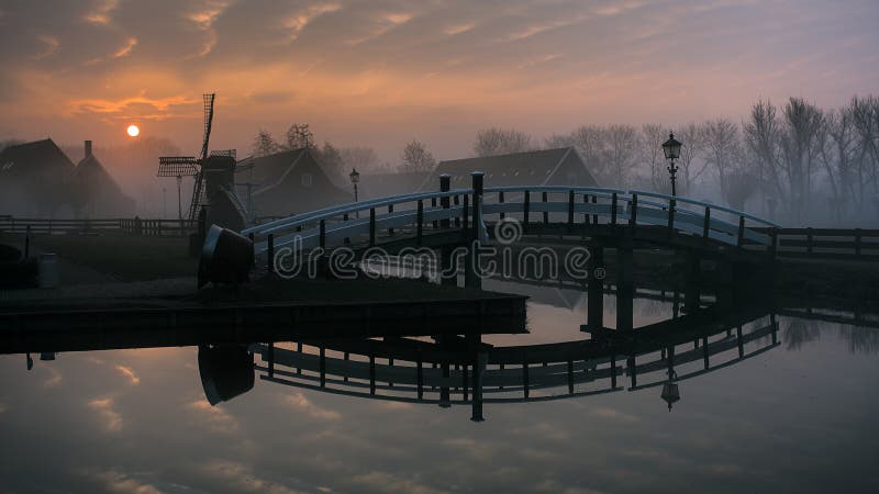 Morgen das licht auf der typisch niederländisch Windmühle hölzern weiß brücke vordergrund spiegelt auf der Kanal Wasser.