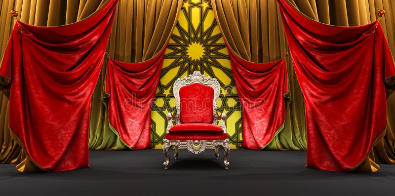 moroccan arabesque background with red and golden curtains on the side and king armchair