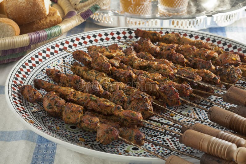 Lamb Kebab Skewers, With Green Pepper Lettuce Salad And Fries, Morocco
