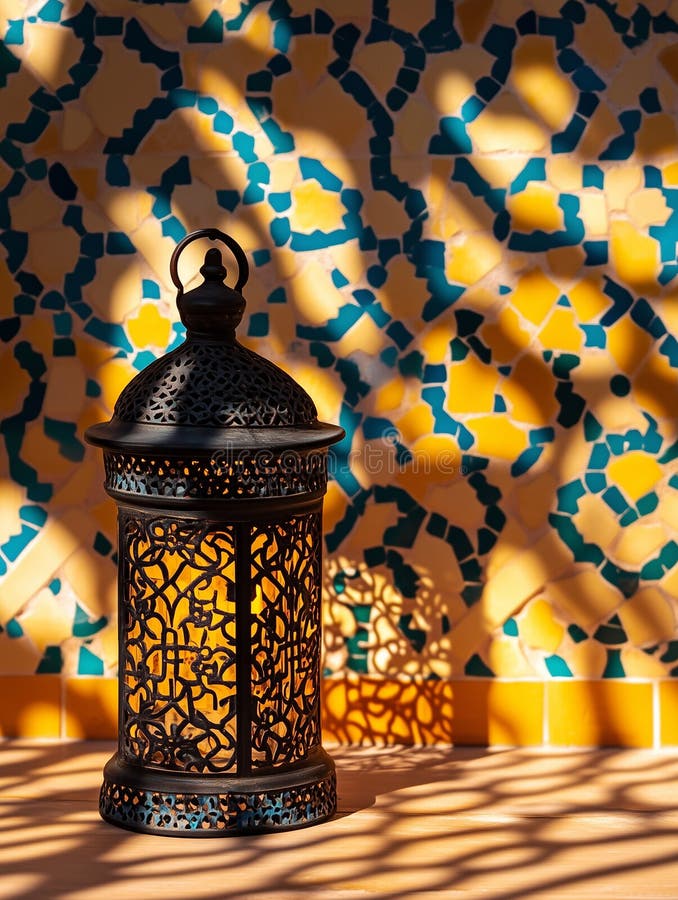 Moroccan lantern casting shadows on vibrant tile background for Womens Day celebration royalty free stock images