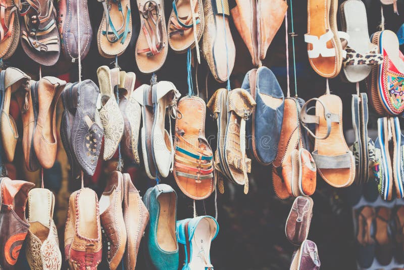 Moroccan Leather Goods Bags and Slippers at Outdoor Market in Ma Stock Image Image of fabric