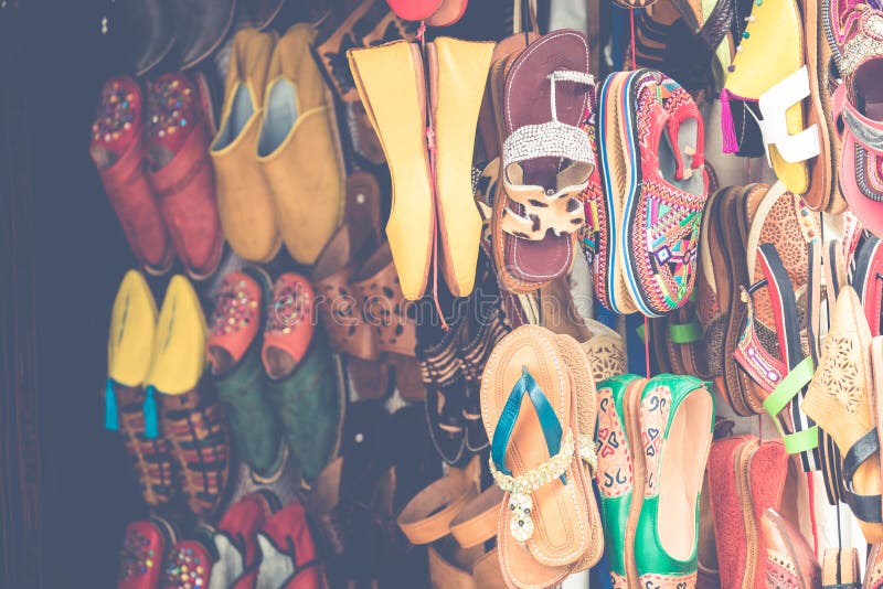 Moroccan Leather Goods Bags and Slippers at Outdoor Market in Ma Stock Image Image of clothing