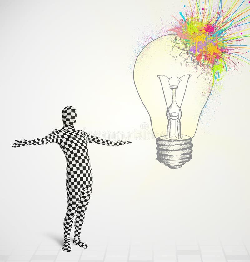 3d human character is body suit morphsuit looking at abstract colorful lightbulb. 3d human character is body suit morphsuit looking at abstract colorful lightbulb