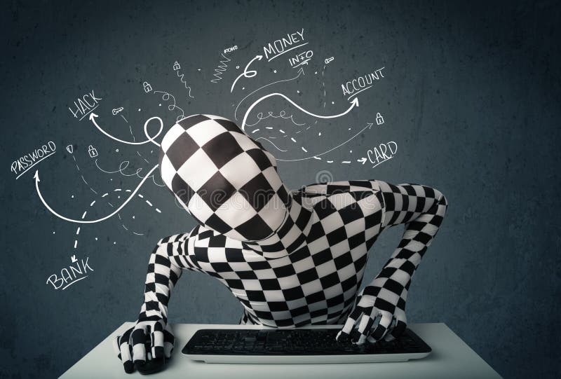 Morphsuit hacker z białymi rysować kreskowymi myślami zdjęcia stock Morphsuit hacker z białymi rysować kreskowymi myślami zdjęcia stock