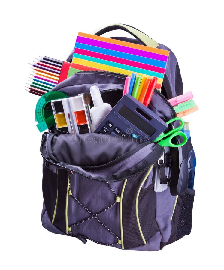 Morral con las fuentes de escuela imagenes de archivo Morral con las fuentes de escuela imagenes de archivo
