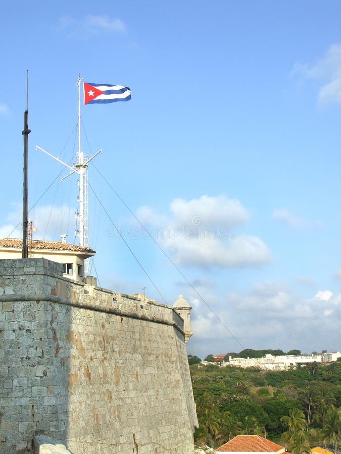 Cuba, Havana. Fortress wall and Cuban flag at San Carlos de