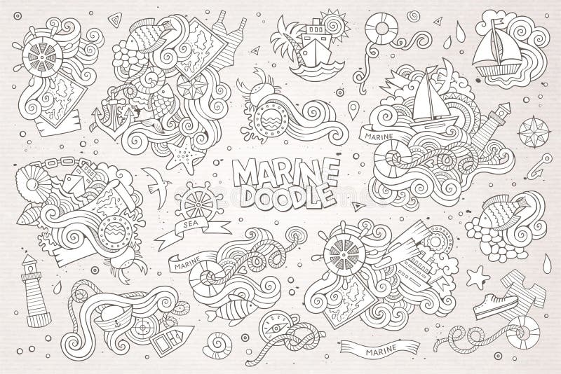 Marine nautical hand drawn vector symbols and objects. Marine nautical hand drawn vector symbols and objects