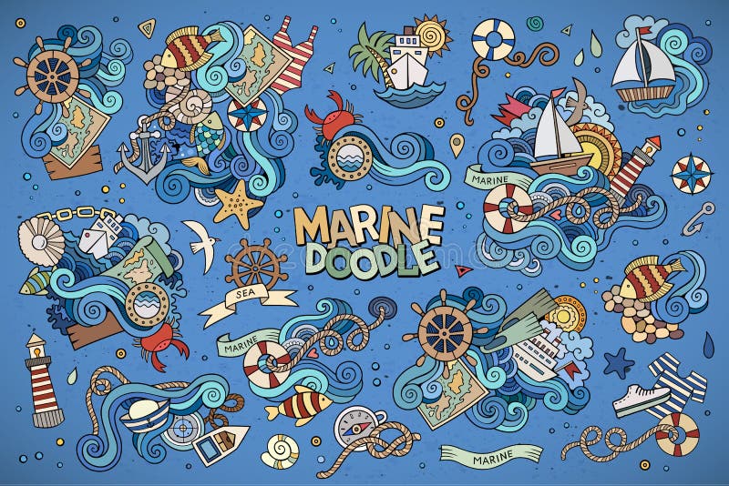 Marine nautical hand drawn vector symbols and objects. Marine nautical hand drawn vector symbols and objects