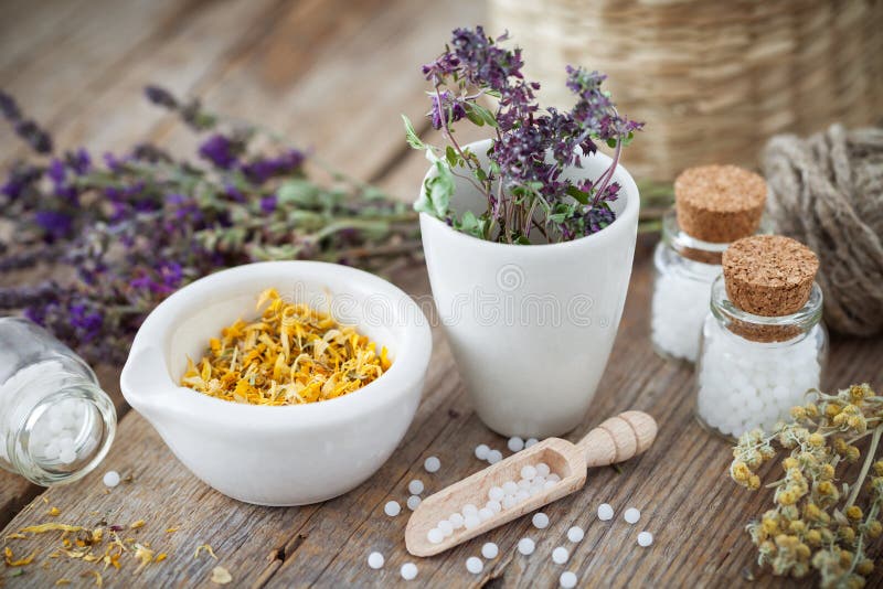 Mortar and bowl of dried healing herbs and homeopathic globules.