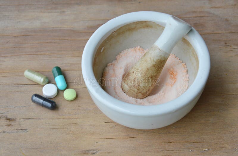 Mortar and Pestle for Crushed Pill on Wooden Board Stock Photo Image