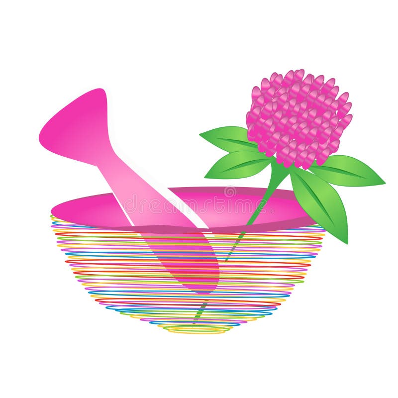 Mortar and pestle with herbal leaf and pink flower
