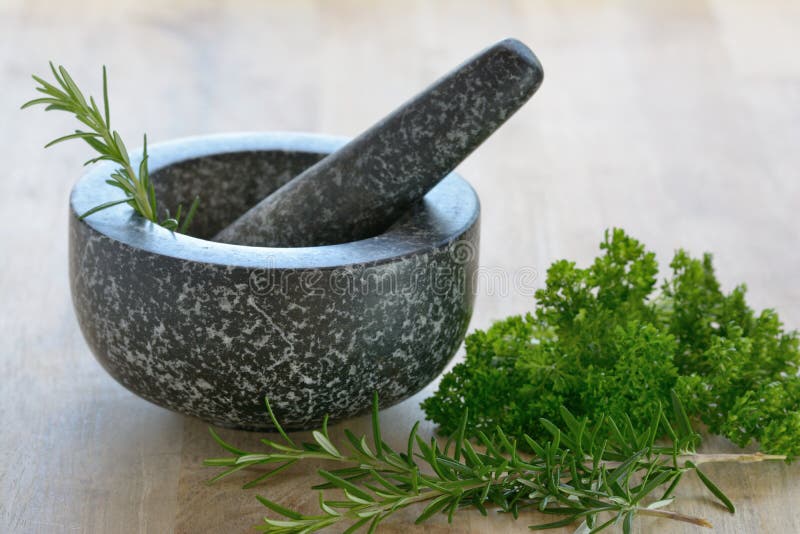 Mortar and Pestle with Herbs Stock Photo Image of herbs, food 35364968