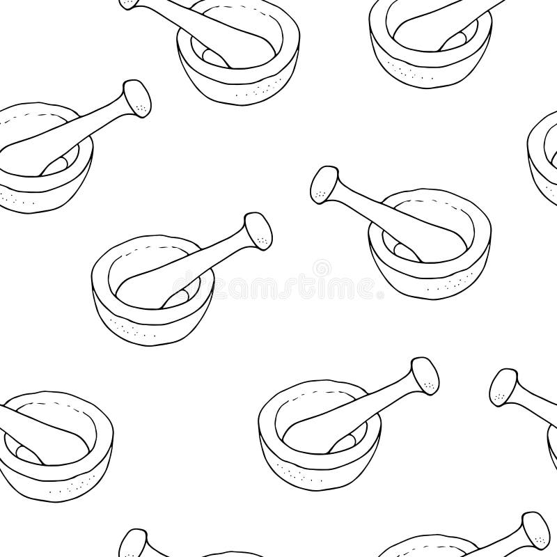 Mortar and Pestle Vector Seamless Pattern, Hand Drawn Illustration