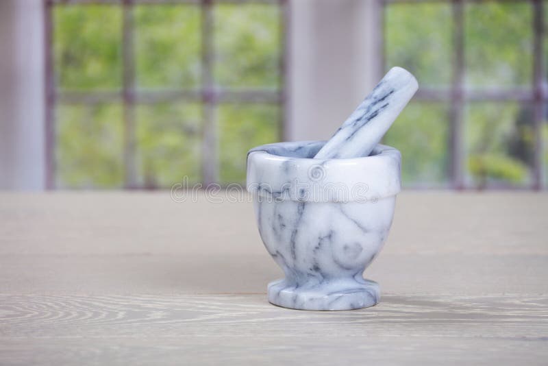 Mortar and Pestle on Wooden Kitchen Surface Stock Photo Image of decorative, table 266136124