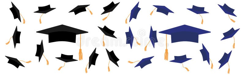Mortarboard icons, graduate cap in black and blue color with gold tassel. Throwing square academic caps, set. Vector illustration stock illustration
