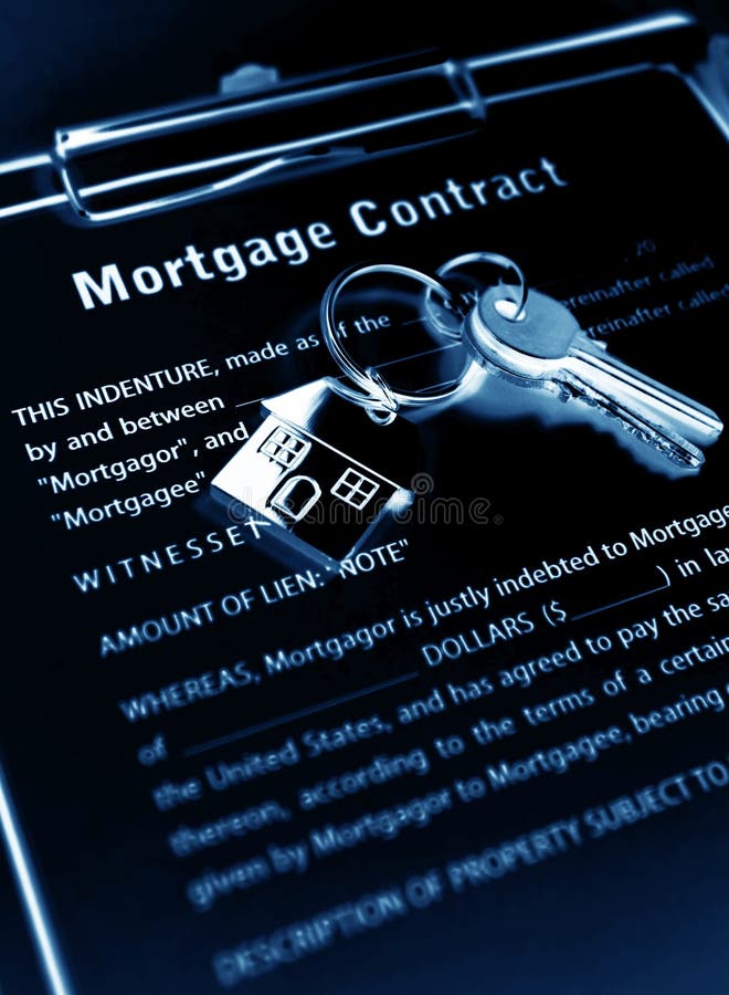 Mortgage contract with keys under blue light